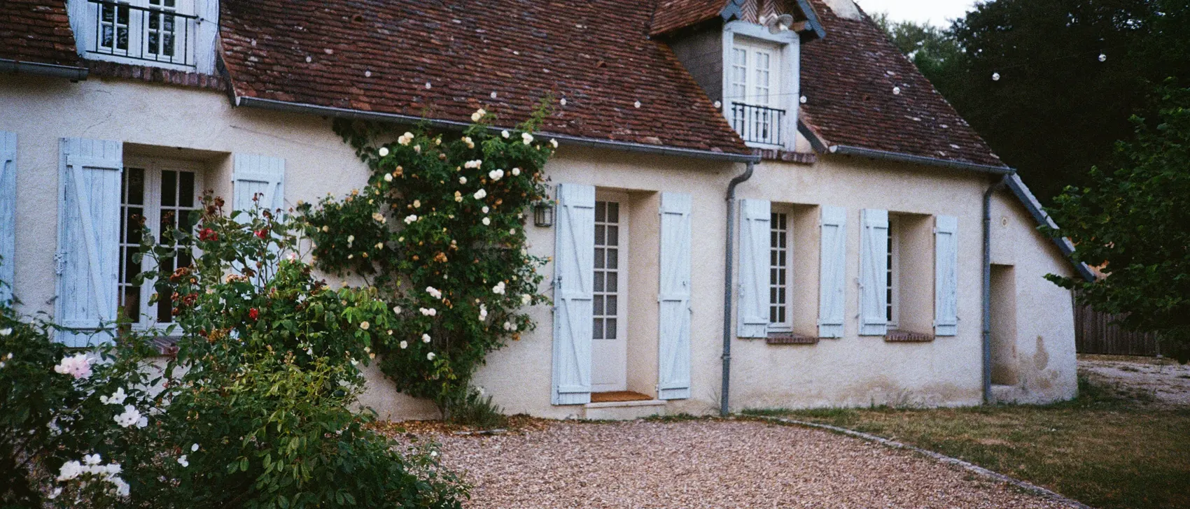 La façade de la longère et ses rosiers grimpants, photographiée à la pellicule